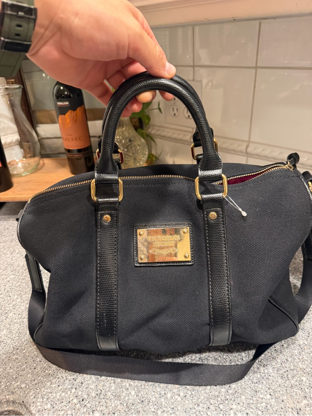 Victoria's Secret Black Canvas Satchel with Gold Plaque